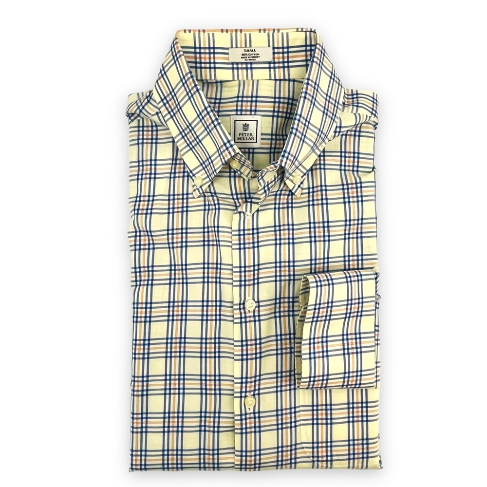 Peter Millar Mens Button Down Shirt Blue and Yellow size Small 10379